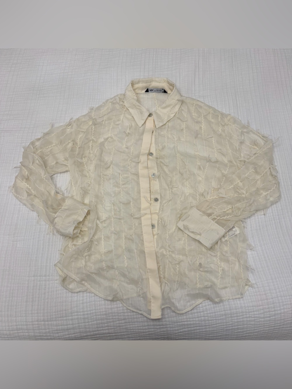 zara textured fringe button up blouse size s